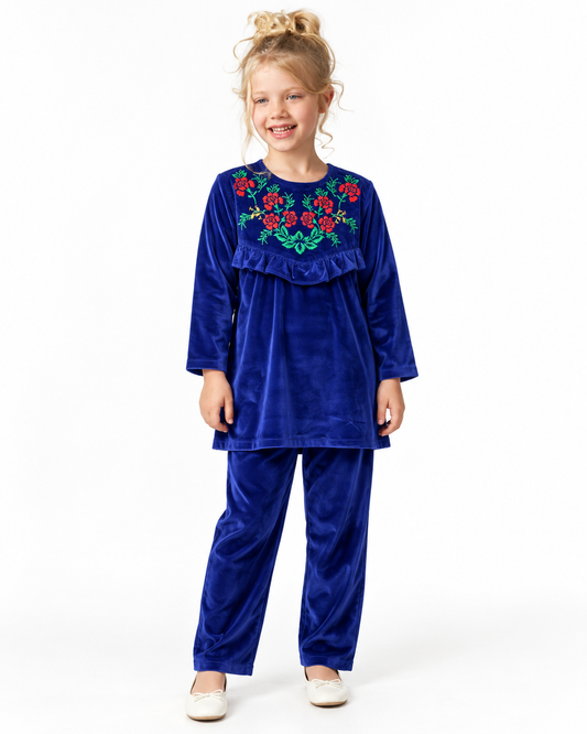 Velvet Corduroy Floral Emb. Suite| Blue/Maroon/Black