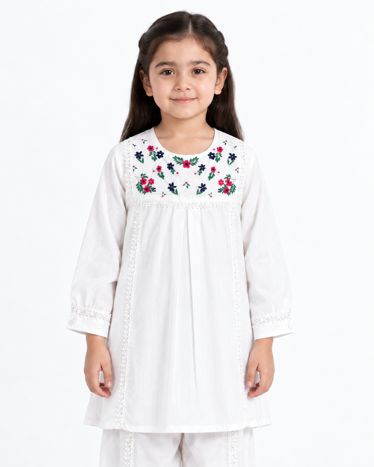 White Corduroy Floral Embroided |Tulip Suite