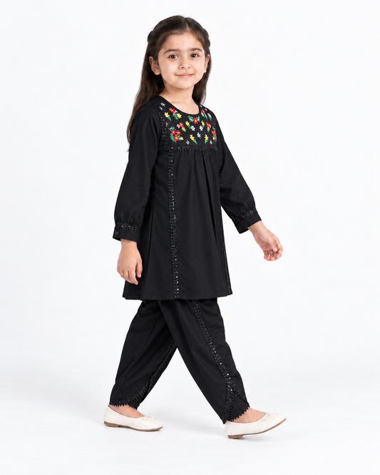 Black Corduroy Floral Embroided |Tulip Suite