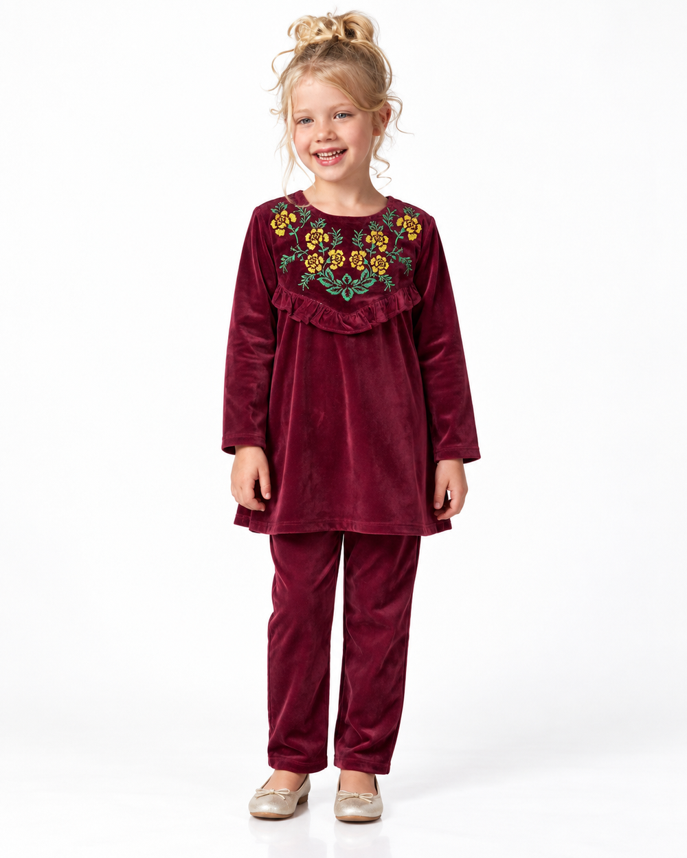 Velvet Corduroy Floral Emb. Suite| Blue/Maroon/Black