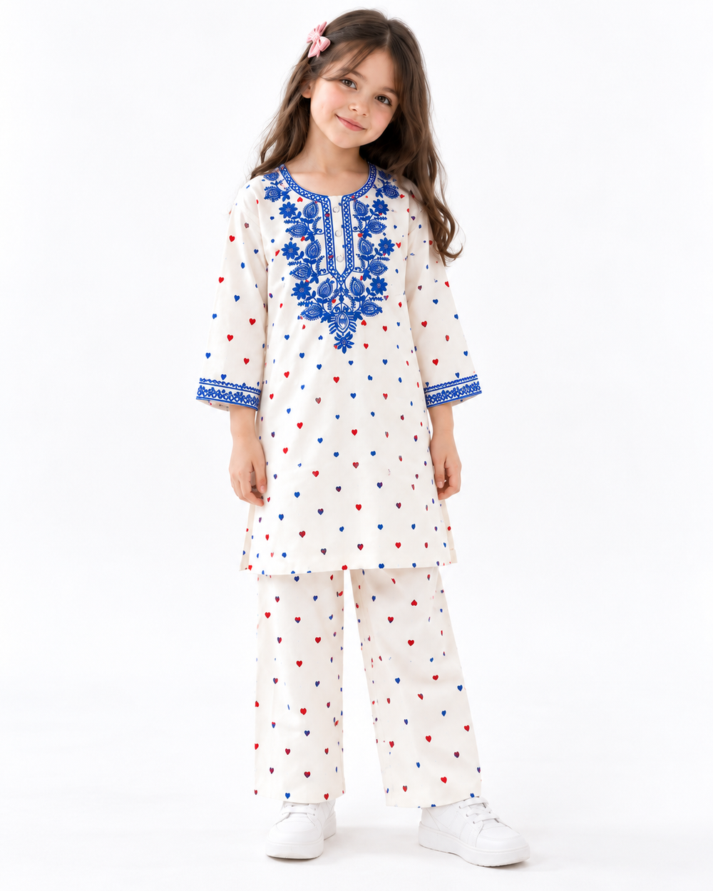 Embroidered Heart Winter Kurta Set | white