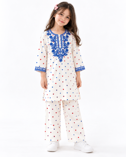 Embroidered Heart Winter Kurta Set | white