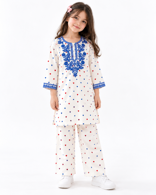 Embroidered Heart Winter Kurta Set | white