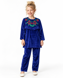 Velvet Corduroy Floral Emb. Suite| Blue/Maroon/Black