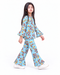 Blue Floral Bell-Bottom FLANNEL | CORDSET