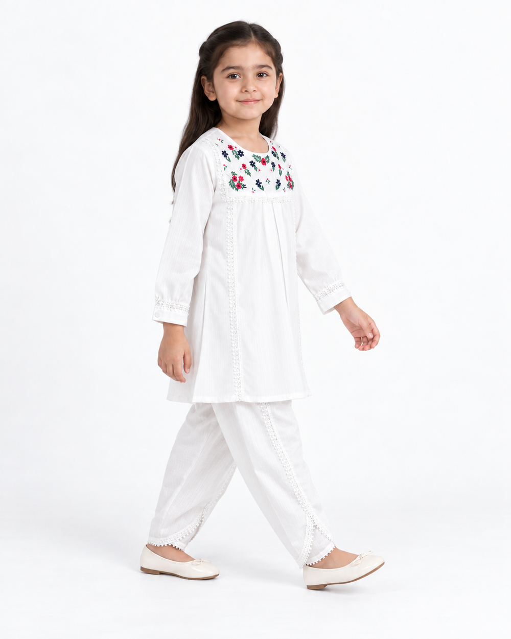 White Corduroy Floral Embroided |Tulip Suite