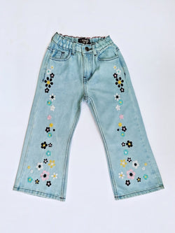 FLOWER EMBROIDED BAGGY PANT (LIGHT BLUE)