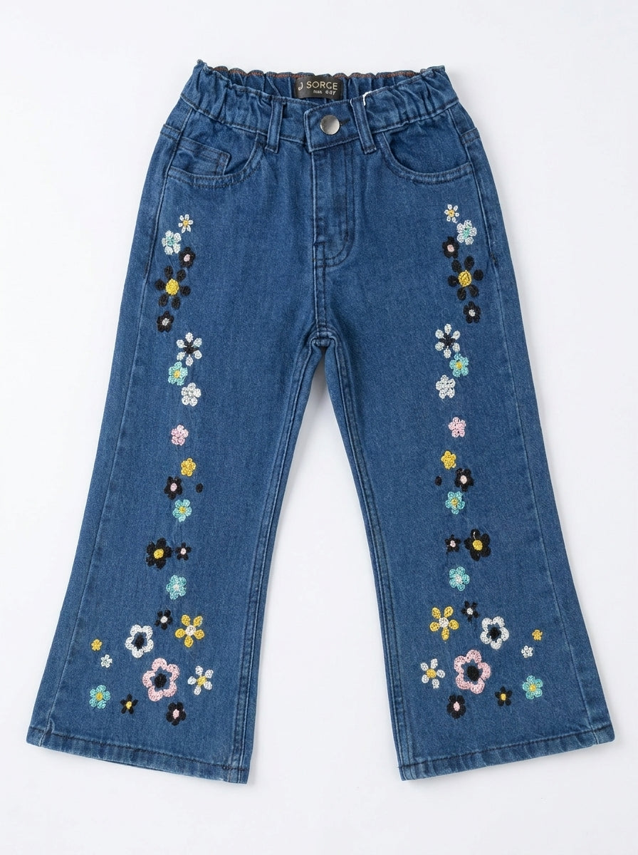 EMBROIDED FLOWER BAGGY | BLUE(MID)