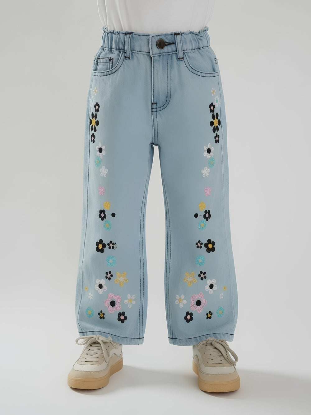 FLOWER EMBROIDED BAGGY PANT (LIGHT BLUE)