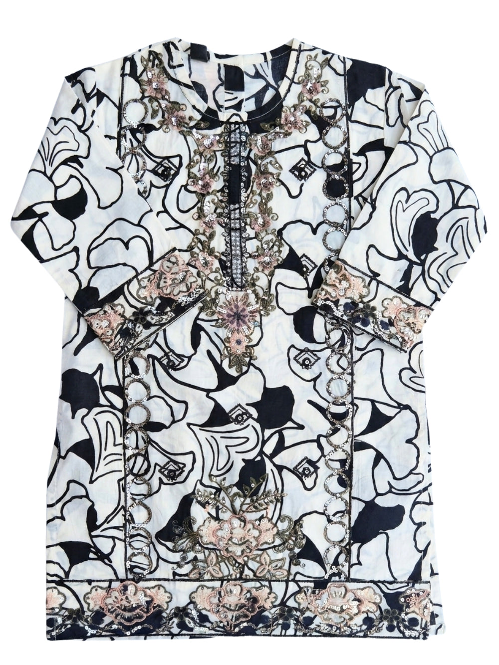 PRINTED SEQUENCE EMBROIDERY |WHT+BLK