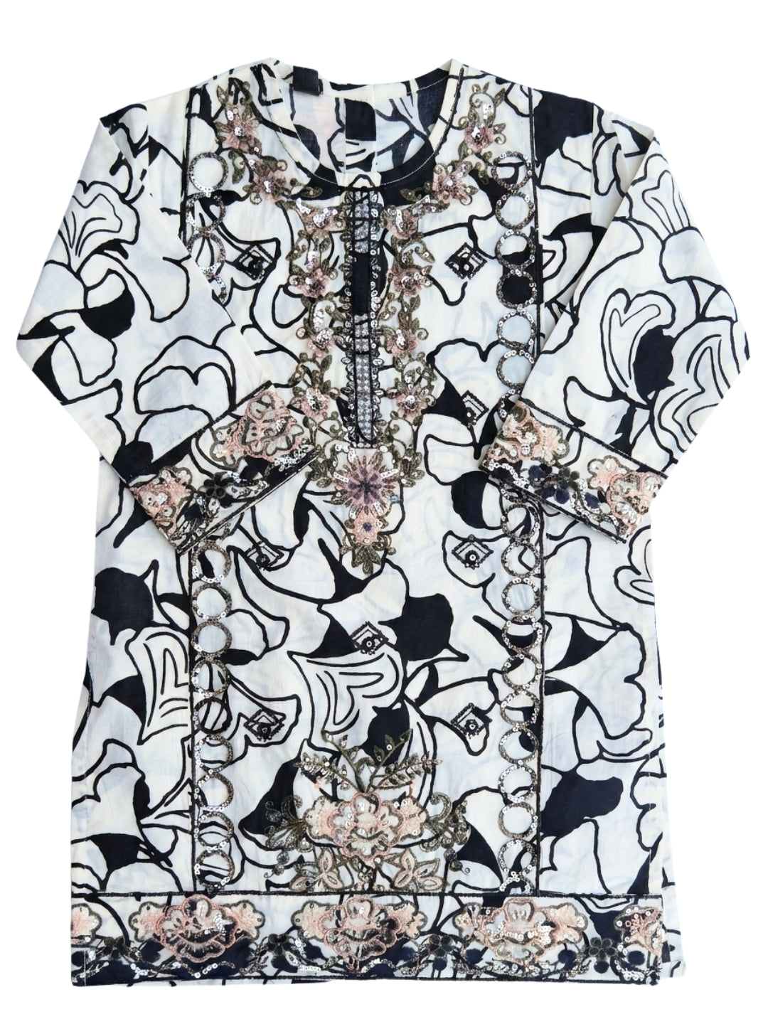 PRINTED SEQUENCE EMBROIDERY |WHT+BLK