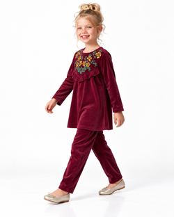 Velvet Corduroy Floral Emb. Suite| Blue/Maroon/Black