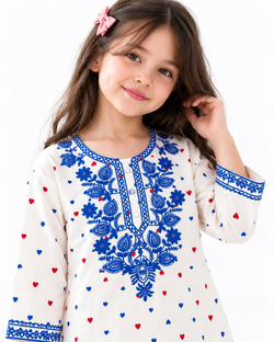 Embroidered Heart Winter Kurta Set | white