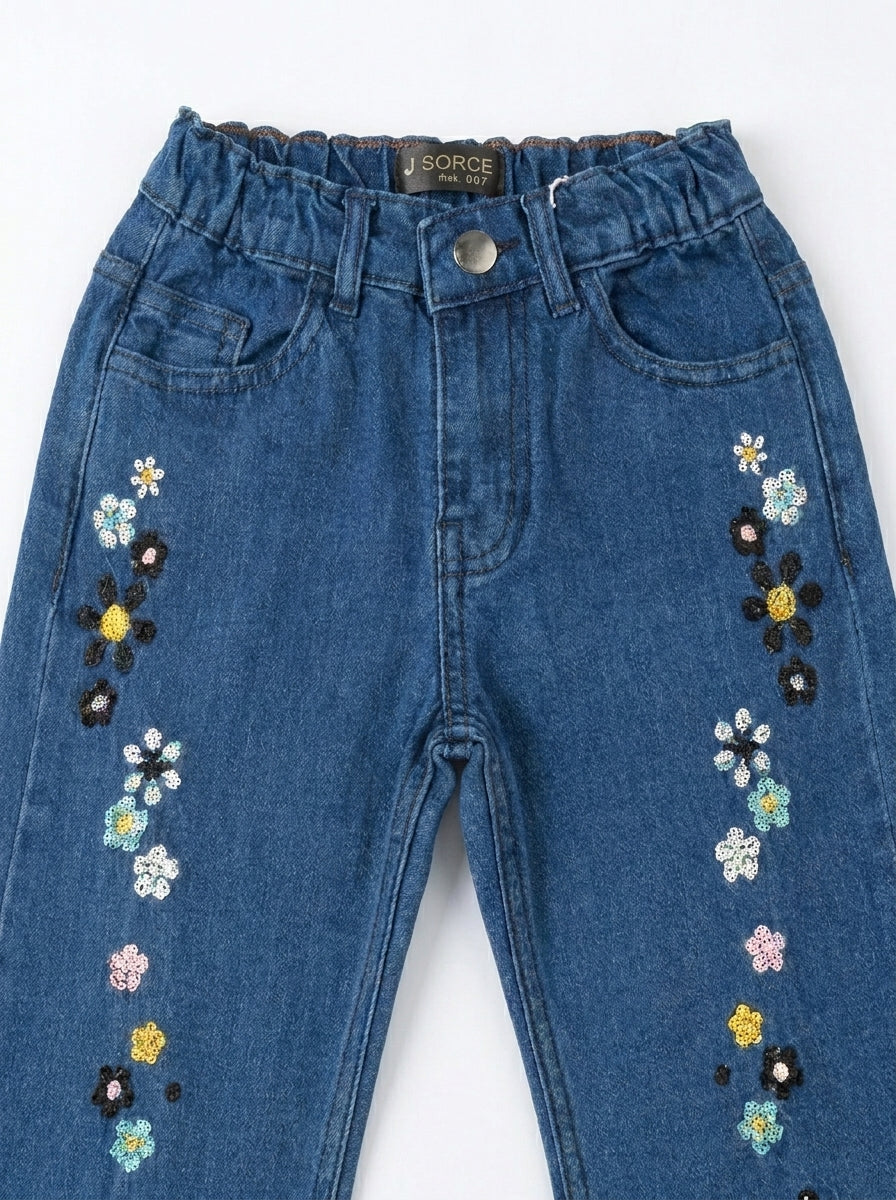 EMBROIDED FLOWER BAGGY | BLUE(MID)