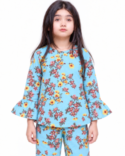 Blue Floral Bell-Bottom FLANNEL | CORDSET