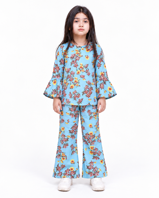 Blue Floral Bell-Bottom FLANNEL | CORDSET