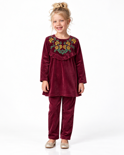 Velvet Corduroy Floral Emb. Suite| Blue/Maroon/Black