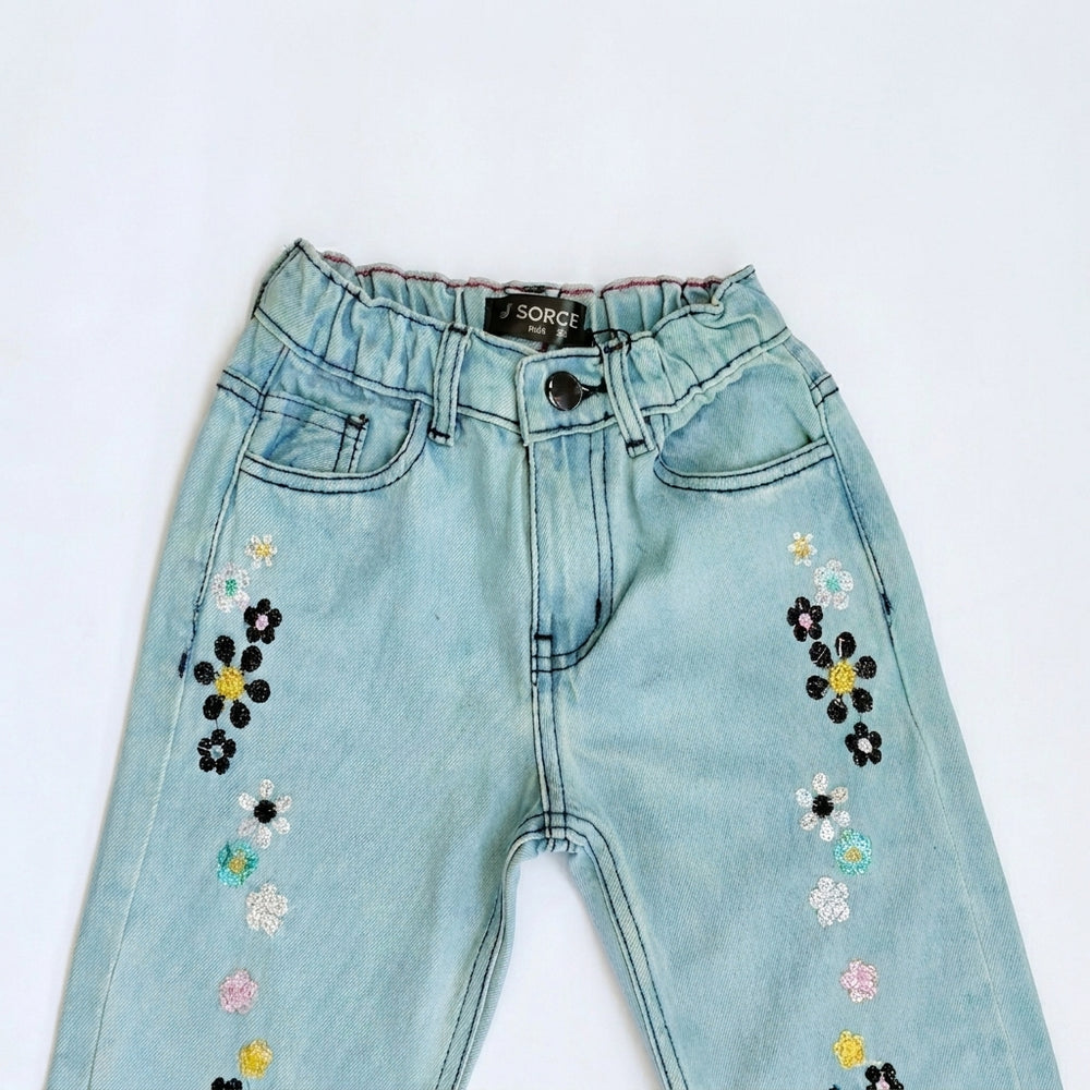 FLOWER EMBROIDED BAGGY PANT (LIGHT BLUE)