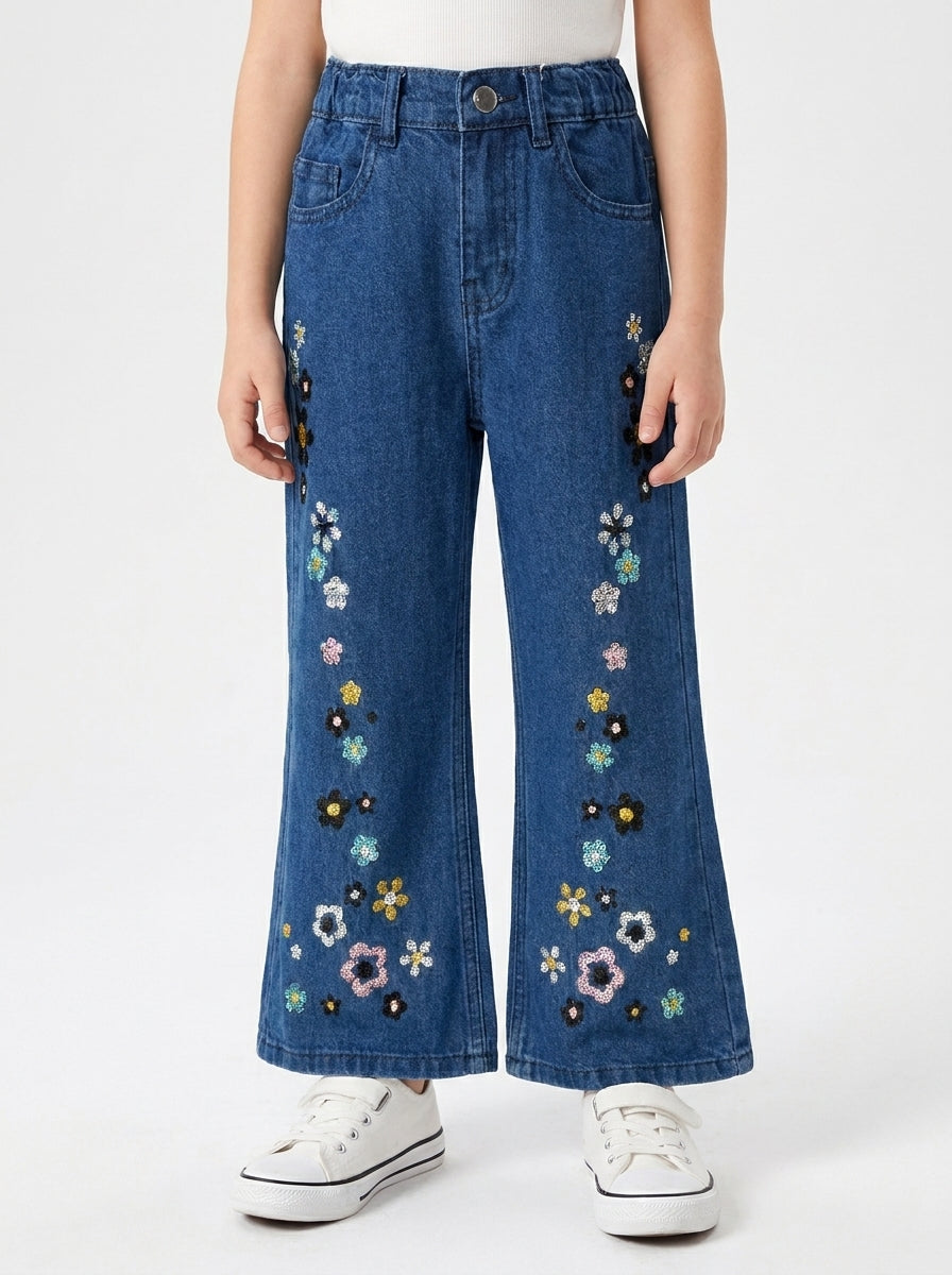 EMBROIDED FLOWER BAGGY | BLUE(MID)