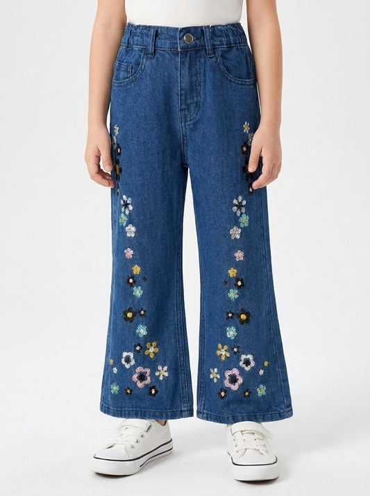 EMBROIDED FLOWER BAGGY | BLUE(MID)